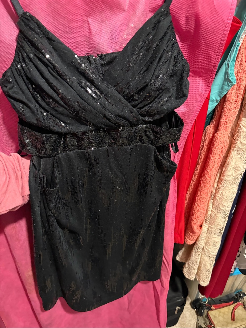 Black Sequin Spaghetti-Strap Dress With Cut Outs